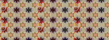 Parlak renkli çiçekleri ve bej renkli yaprakları olan harika bir çiçek deseni. Moda baskıları için zarif bir şablon. Modern çiçek arkaplanı. Halk stili.