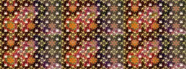 Suluboya elle çizilmiş çiçek desenli eskiz deseni. Parlak renkli fantezi çiçekleri, yapraklar, kahverengi renkli tomurcuklar, kahverengi.