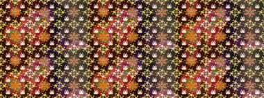 Suluboya elle çizilmiş çiçek desenli eskiz deseni. Parlak renkli fantezi çiçekleri, yapraklar, kahverengi renkli tomurcuklar, kahverengi.