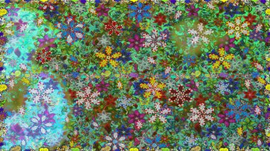 Yeşil renkli çiçekler. Renkli Bahar Temalı Kusursuz Arkaplan. Sevimli çiçek raster deseni. Düz Çiçek Elementleri Tasarımı.