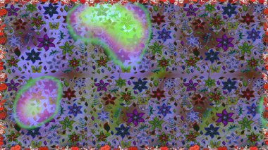 Çok renkli, zarif küçük çiçekler ve mor renkli komik böcekler, raster deseni, illüstrasyon..