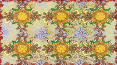 Düz Çiçek Elementleri Tasarımı. Renkli Bahar Temalı Kusursuz Arkaplan. Kusursuz desenli, modaya uygun kumaş deseni. Raster illüstrasyonu. Şirin çiçek elementleri..