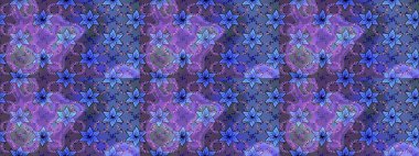 Üzerinde gelincikler ve vadi zambakları olan renkli çiçek desenli nakış deseni. Tekstil tasarımı için mor renkli geleneksel halk çiçekleri buketi.