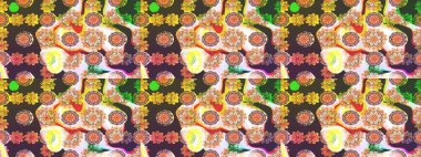 Desen, çizim, çiçek sınırı. Çiçek çelengi. Güzel, parlak, pürüzsüz kumaş, tuval. Kıvırcık, parlak örgü. Eski moda arka plan. Raster illüstrasyonu.