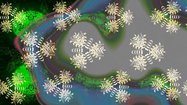 Asya tekstil tarzında. Raster illüstrasyonu. Gri ve yeşil renkli çiçekler. Raster illüstrasyonu. Çiçek desenini çiz.