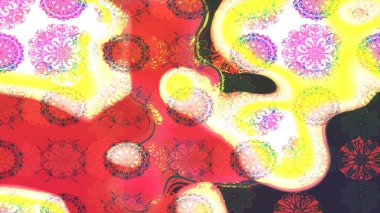 Yapraklı çiçekler ve pembe ve sarı renklerde papatya çiçekleri. Eskiz arkaplan modeli. Raster - stok.