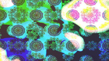 Asya tekstil tarzında. Raster illüstrasyonu. Yeşil ve mavi renkte çiçekler. Çiçek desenli çizim. Raster illüstrasyonu.