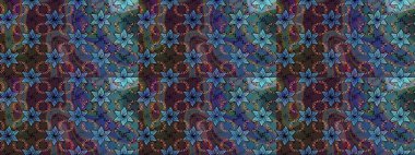 Raster deseni. Patlayan çiçekler soyut olarak yerleştirilmiş. Raster illüstrasyonu. Yumuşak, bahar çiçekleri mavi ve kahverengi renklerde.