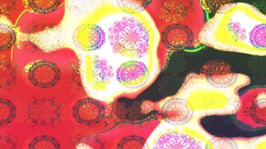 Çiçek desenli çizim. Raster illüstrasyonu. Pembe ve kırmızı renklerde Asyalı tekstil.