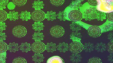 Raster illüstrasyonu. Raster deseni. Patlayan çiçekler soyut olarak yerleştirilmiş. Yeşil ve kahverengi renklerde bahar çiçekleri..