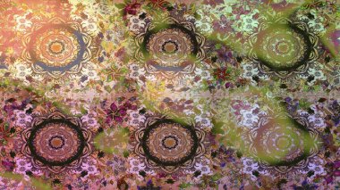 El yapımı dekoratif çerçeve, albüm kapağı, tebrik kartı, klasik Art deco tarzı. Raster soyut çiçek çelengi altın karalama fantezi yaprakları ve kahverengi renkte çiçek.