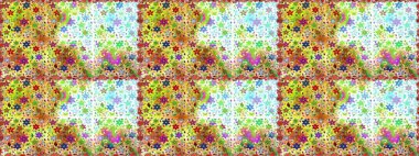 Renkli Bahar Temalı Kusursuz Arkaplan. Raster illüstrasyonu. Şirin çiçek elementleri. Kusursuz desenli, modaya uygun kumaş deseni. Düz Çiçek Elementleri Tasarımı.