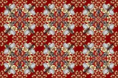 Kırmızı, kahverengi ve bej renklerde altın bir element. Altın çiçekli, pürüzsüz desen. Barok tarzında altın çiçekli süs. Damask arkaplanı.