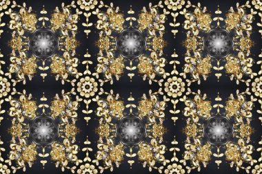 Hassas altın deseni açın. Raster. Kusursuz altın desenli bukleler. Gri, bej kahverengi ve altın elementli kusursuz desen. Parlak dantel, stilize çiçekler. Doğu tarzı arabesk.