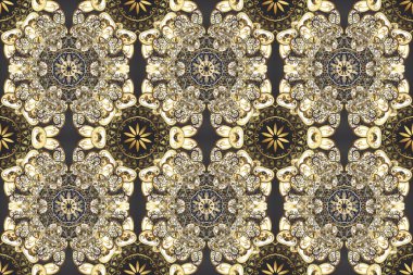 Kusursuz kraliyet lüksü, altın barok kumaş rengi. Altın antika ortaçağ dekoratifi, yapraklar ve altın desenli gri, bej ve kahverengi renklerle derlenmemiş desenler..