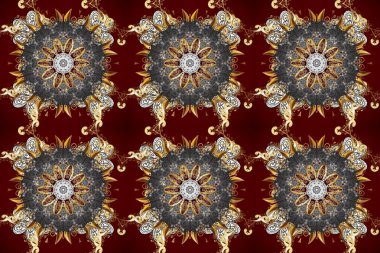Altın çiçekli, pürüzsüz desen. Kahverengi, gri ve kırmızı renklerde altın bir element. Damask arkaplanı. Barok tarzında altın çiçekli süs..