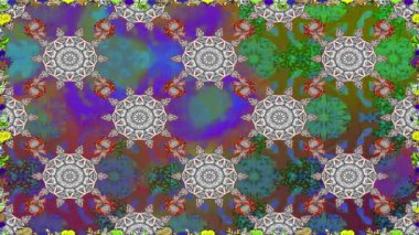 Renkli unsurlarla hareketli arka plan görüntüleri. Çiçekler. Eski model. Bayrak tarzı. Video kaydı. Şablon. Döngü. Kusursuz..