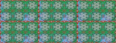 Raster illüstrasyonu. Eski usul. Kusursuz bir geçmişi var. Kumaş, tekstil, duvar kağıdı baskısı için. Renkli desenli kusursuz desen, yeşil çiçekler ve dekoratif elementler..