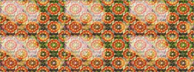 Turuncu renklerde, altın elementlerle kusursuz desen. Geleneksel oryantasyon süsü. Klasik raster sarısı, kusursuz desen. Klasik vintage arkaplan.