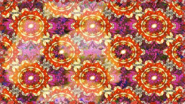 Klasik çiçek dokusu. Raster illüstrasyonu. Turuncu renkte Kraliyet retro 'su. Altın şablon. Kart, duvar kağıdı, ambalaj ve tekstil için klasik tasarım. Kusursuz desenli altın elementler.