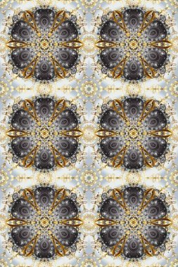 Barok tarzında altın çiçek süsü. Antika altın tekrarlanabilir duvar kağıdı. Gri, bej ve kahverengi renklerde altın element. Damask arkaplanı tekrarlayan kusursuz desen.