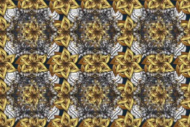 Gri, kahverengi ve bej renklerde, altın çiçekli altın desenler. Raster geometrik arka plan. Senin tasarımın için, duvar kağıdı. Altın rengi kusursuz illüstrasyon.