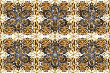 Kına dövmeli süs çiçekleri, altın çıkartmalar, mehndi ve yoga tasarımı, kartlar ve parmak izleri. Kahverengi, gri ve bej renkli desenler. Raster altın mehndi kusursuz desen.