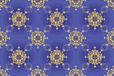 Mor ve mavi renklerde altın elementlerle kusursuz klasik desen. Noel, kar tanesi, yeni yıl 2019.