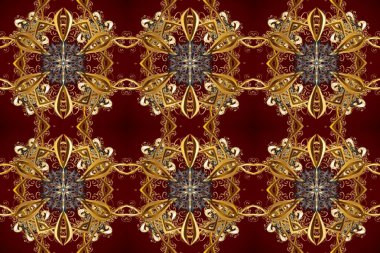 Kahverengi, kırmızı ve bej renklerde, altın elementlerle klasik, pürüzsüz desen. Noel 2019, kar tanesi, yeni yıl.