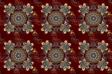 Gri, kırmızı ve kahverengi renklerde, altın elementlerle kusursuz klasik desen. Noel, kar tanesi, yeni yıl 2025.