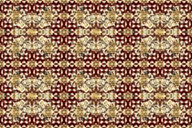 Kusursuz klasik raster altın desenli. Tarafsız, bej ve kahverengi renklerde altın elementlerle kusursuz desen. Klasik klasik klasik arka plan. Geleneksel oryantasyon süsü.