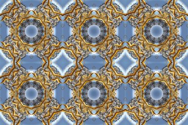 Altın çiçekli, pürüzsüz desen. Mavi, gri ve kahverengi renklerde altın bir element. Barok tarzında altın çiçekli süs. Damask arkaplanı.