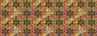 Kına dövmeli süs çiçekleri, altın çıkartmalar, mehndi ve yoga tasarımı, kartlar ve parmak izleri. Raster Golden Mehndi kusursuz desen. Kahverengi renkte desen.