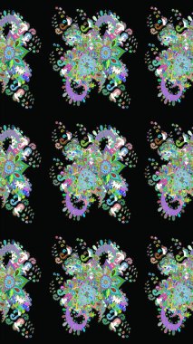 Renkli Bahar Teması eskiz kalıbı. Düz Çiçek Elementleri Tasarımı. Çiçekli çizim şekli. Siyah renkte çiçekler.