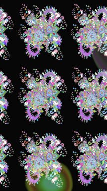 Renkli desenli eskiz deseni, siyah çiçekler ve dekoratif elementlerle. Eskiz geçmişi. Eski usul. Raster illüstrasyonu. Kumaş, tekstil ve duvar kağıdı baskısı için..