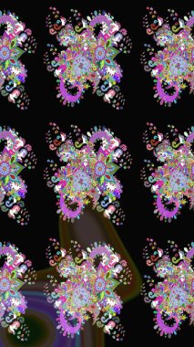 Modern gelişim, siyah raster arka plan duvar kâğıdı illüstrasyonu, klasik çizgi çizgisi, desenli desenli çiçekler, çiçekli süsler. Çiçekli el çizimi çizimi deseni.