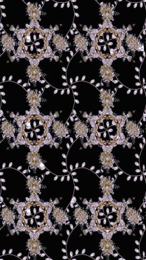 Eski usul. Renkli desenli eskiz deseni, siyah çiçekler ve dekoratif elementlerle. Kumaş, tekstil, duvar kağıdı baskısı için. Raster illüstrasyonu. Taslak arkaplan.