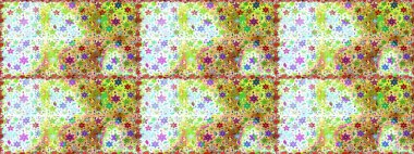 Raster illüstrasyonu. Düz Çiçek Elementleri Tasarımı. Renkli Bahar Temalı Kusursuz Arkaplan. Kusursuz çiçek deseni. Tarafsız renklerde çiçekler. Asya tekstil tarzında.