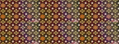 Yapraklı çiçekler ve kahverengi ve mor renkte papatya çiçekleri. Raster - stok. Taslak arkaplan deseni.