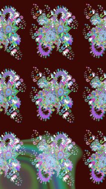 Çiçekli ipek eşarp. 1950-1960 motifleri. Kahverengi üzerine kahverengi. El çizimi çiçek unsurları olan soyut çizim raster deseni. Retro tekstil tasarım koleksiyonu.