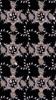 Eski usul. Renkli desenli eskiz deseni, siyah çiçekler ve dekoratif elementlerle. Kumaş, tekstil, duvar kağıdı baskısı için. Raster illüstrasyonu. Taslak arkaplan.