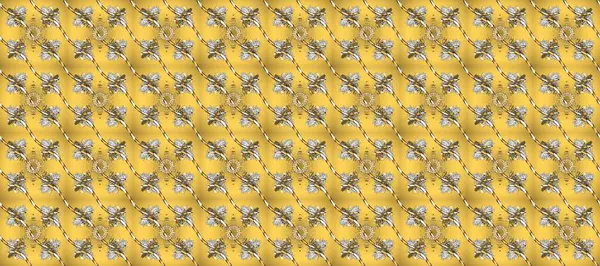 Antika altın tekrarlanabilir duvar kağıdı. Damask arkaplanı tekerrür ediyor. Barok tarzında altın çiçek süsü. Sarı, kahverengi ve bej renklerde altın element.