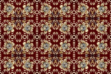 Süslü dekorasyon. Raster illüstrasyonu. Damask altın soyut çiçek kahverengi, bej ve kırmızı renklerde pürüzsüz desen.