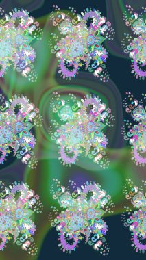 Suluboya elle çizilmiş çiçek desenli eskiz deseni. Parlak renkli fantezi çiçekleri, yapraklar, yeşil renkli tomurcuklar.