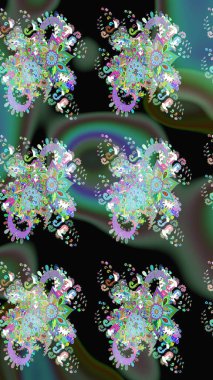 Çiçekli ipek eşarp. 1950-1960 motifleri. El çizimi çiçek unsurları olan soyut çizim raster deseni. Retro tekstil tasarım koleksiyonu. Yeşil yeşile.