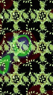 Siyah renkli bitkilerden oluşan parlak çiçekli çizim deseni.