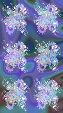 Raster illüstrasyonu. Raster illüstrasyonu. Şirin karalamalı çiçek desenli çizim. El yapımı çiçek ve bitki koleksiyonu. Robot resim tarzı mavi renkler.