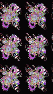 Bir sürü siyah ve soyut çiçekli tropik eskiz deseni. Varicoloblack Raster çizimi. Küçük çiçekte sevimli çiçek deseni var..