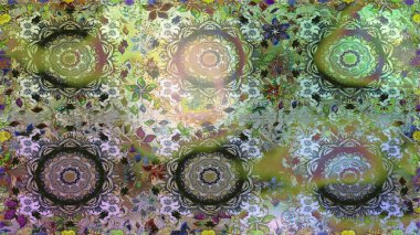 Doğum günü kartı, davetiye ya da afiş için iyidir. Kusursuz ortaçağ çiçek deseni. Dekoratif simetri arabesk. Raster illüstrasyonu. Tarafsız renklerde altın.