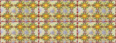 Kusursuz desenli, modaya uygun kumaş deseni. Renkli Bahar Temalı Kusursuz Arkaplan. Düz Çiçek Elementleri Tasarımı. Raster illüstrasyonu. Şirin çiçek elementleri..